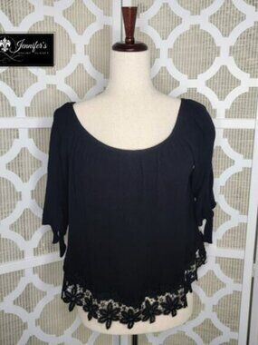 Ambiance Women's Black Tie Short Sleeve Lace Bottom Hem Crop Top Size L